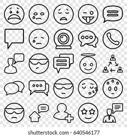 Chat icons set. set of 25 chat outline icons such as chat, add friend, web camera, home message, crying emot, cool emot in sunglasses, emoji showing tongue, emoji angel