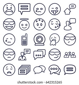 Chat Icons Set. Set Of 25 Chat Outline Icons Such As Chat, Phone, Web Camera, Home Message, Emot In Sun Glasses, Crying Emot, Emoji Showing Tongue, Emoji Angel, Communication