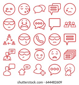 Chat icons set. set of 25 chat outline icons such as chat, add friend, home message, crying emot, cool emot in sunglasses, emoji angel, communication, message