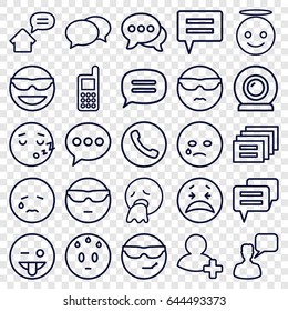 Chat icons set. set of 25 chat outline icons such as chat, phone, chatting man, add friend, web camera, home message, emot in sun glasses, crying emot, emoji showing tongue
