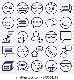 Chat icons set. set of 25 chat outline icons such as chat, add friend, home message, emot in sun glasses, crying emot, emoji showing tongue, happe emoji with star eyes