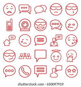 Chat icons set. set of 25 chat outline icons such as chat, phone, web camera, home message, emot in sun glasses, crying emot, emoji angel, happe emoji with star eyes