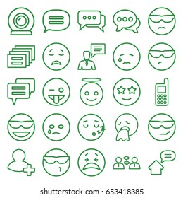Chat icons set. set of 25 chat outline icons such as phone, add friend, web camera, home message, emot in sun glasses, crying emot, emoji showing tongue, emoji angel
