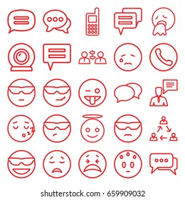 Chat icons set. set of 25 chat outline icons such as phone, web camera, emot in sun glasses, crying emot, emoji showing tongue, emoji angel, communication
