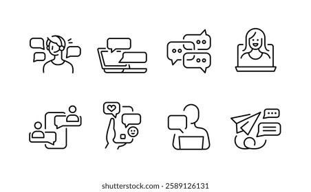 Chat icons. Set of 8 trendy minimal icons representing various aspects of communication, including messaging, video calls, chatbots, and notifications. Vector illustration.