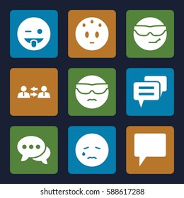 chat icons set. Set of 9 chat filled icons such as crying emot, cool emot in sunglasses, emoji showing tongue, sweating emot, chat