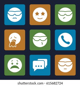 Chat icons set. set of 9 chat filled icons such as crying emot, cool emot in sunglasses, vomiting emot, happe emoji with star eyes, message