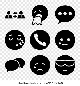 Chat icons set. set of 9 chat filled icons such as chat, crying emot, cool emot in sunglasses, communication