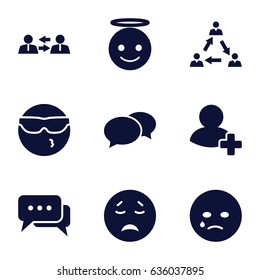 Chat icons set. set of 9 chat filled icons such as chat, crying emot, cool emot in sunglasses, emoji angel, add friend