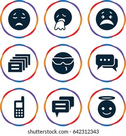 Chat icons set. set of 9 chat filled icons such as phone, crying emot, cool emot in sunglasses, emoji angel, vomiting emot, chat