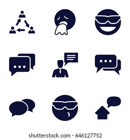 Chat icons set. set of 9 chat filled icons such as emot in sun glasses, cool emot in sunglasses, vomiting emot, home message, communication