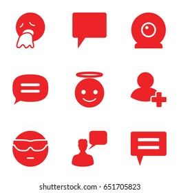 Chat icons set. set of 9 chat filled icons such as chatting man, cool emot in sunglasses, emoji angel, vomiting emot, chat, add friend