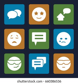 Chat icons set. set of 9 chat filled icons such as chat, crying emot, cool emot in sunglasses, happe emoji with star eyes