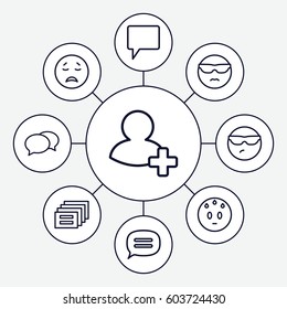 Chat icons set. set of 9 chat outline icons such as chat, add friend, crying emot, cool emot in sunglasses, sweating emot