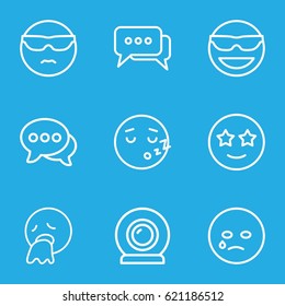 Chat icons set. set of 9 chat outline icons such as chat, web camera, emot in sun glasses, crying emot