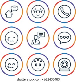 Chat icons set. set of 9 chat outline icons such as web camera, home message, crying emot, sweating emot, happe emoji with star eyes