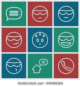 Chat icons set. set of 9 chat outline icons such as chat, home message, emot in sun glasses, cool emot in sunglasses, sweating emot