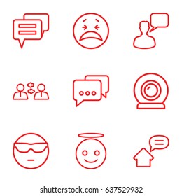 Chat icons set. set of 9 chat outline icons such as chatting man, web camera, home message, crying emot, cool emot in sunglasses, emoji angel, chat, communication