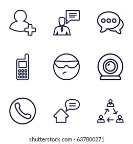 Chat icons set. set of 9 chat outline icons such as phone, add friend, web camera, home message, cool emot in sunglasses, communication