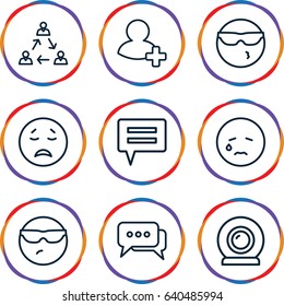 Chat icons set. set of 9 chat outline icons such as add friend, web camera, chat, crying emot, cool emot in sunglasses