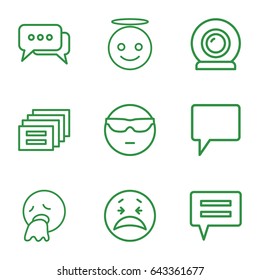 Chat icons set. set of 9 chat outline icons such as chat, web camera, crying emot, cool emot in sunglasses, emoji angel, vomiting emot