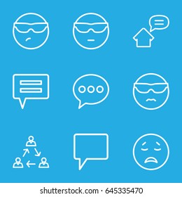 Chat icons set. set of 9 chat outline icons such as chat, home message, crying emot, cool emot in sunglasses