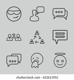 Chat icons set. set of 9 chat outline icons such as chatting man, chat, cool emot in sunglasses, emoji angel, vomiting emot, communication