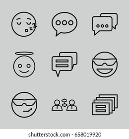 Chat icons set. set of 9 chat outline icons such as emot in sun glasses, cool emot in sunglasses, emoji angel, sleeping emot, chat, communication