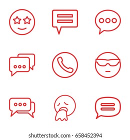 Chat icons set. set of 9 chat outline icons such as chat, cool emot in sunglasses, vomiting emot, happe emoji with star eyes, message