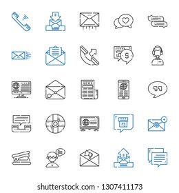 chat icons set. Collection of chat with email, notification, stapler remover, news, help, phone call, quotes, customer service, telephone. Editable and scalable chat icons.