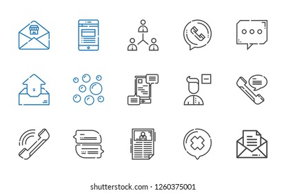 chat icons set. Collection of chat with message, news, phone, remove user, communications, bubbles, outbox, phone call, network, email. Editable and scalable chat icons.