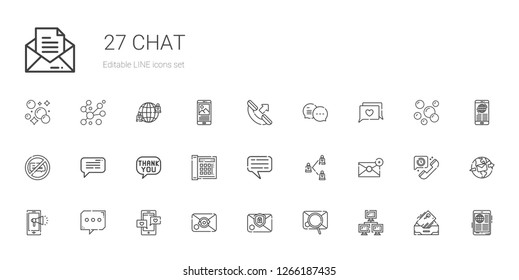 chat icons set. Collection of chat with network, email, notification, telephone, speech bubble, message, no chatting, phone call, news, inbox. Editable and scalable chat icons.