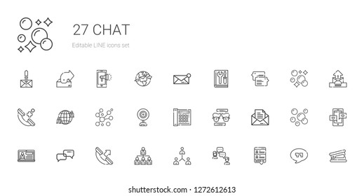 chat icons set. Collection of chat with network, networking, phone call, conversation, news, message, telephone, webcam, bubbles, manual, stapler remover. Editable and scalable chat icons.