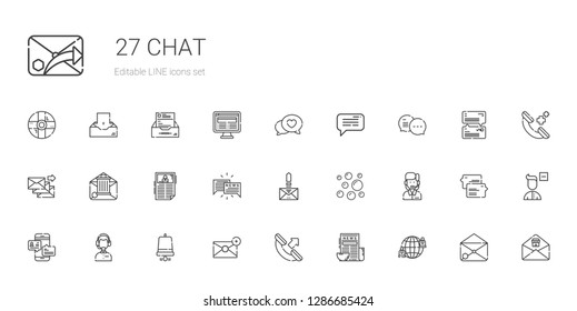 chat icons set. Collection of chat with network, news, phone call, email, notification bell, customer service, bubbles, message, remove user. Editable and scalable chat icons.
