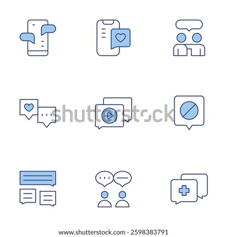 Chat icons set. Line Duotone style, editable stroke. chat, video chat, chatting, disagree, talk.