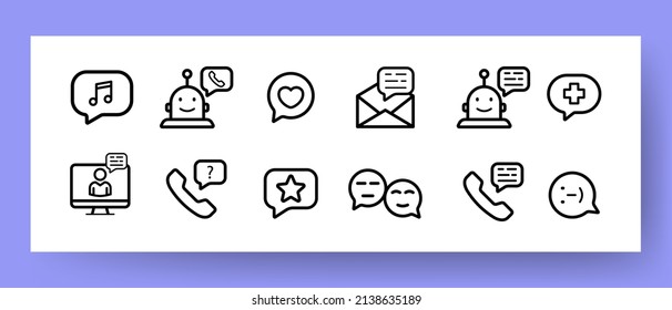 Iconos de conversación establecidos. Mensaje, reacción, reunión en línea, mensajes destacados e íconos de chatbot. Concepto de comunicación. EPS vectorial 10.