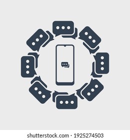 Notificación de mensajes de ilusión de chat en la ilustración del vector Smartphone. Circular de burbujas de voz en línea de iconos de teléfono móvil aislado en fondo blanco. Elemento de plantilla de diseño de vectores planos.
