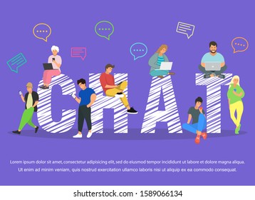 Chat illustration of young people using mobile gadgets .Flat big letters chat and guys