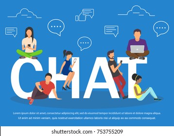 Chat illustration of young people using mobile gadgets .Flat big letters chat and guys and women standing near