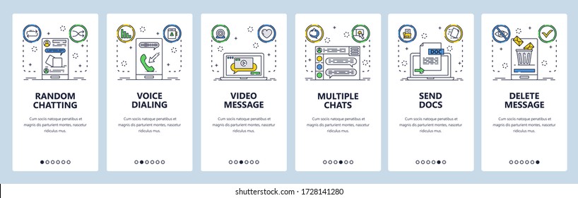 Chat And Instant Messaging Web Site And Mobile App Onboarding Screens. Menu Banner Vector Template For Website And Application Development. Chat And Send Documents, Video Messages. Thin Line Art Style