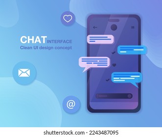 Chat interface application with dialog box. Clean mobile user interface design concept. SMS messenger. Dark chat theme. Flat web icons. Vector eps 10