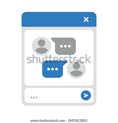 Chat interface illustration with user avatars, speech bubbles, and send button for messaging platforms