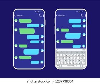 Chat interface on smartphone. Correspondence. Concept phone and keyboard on the phone.