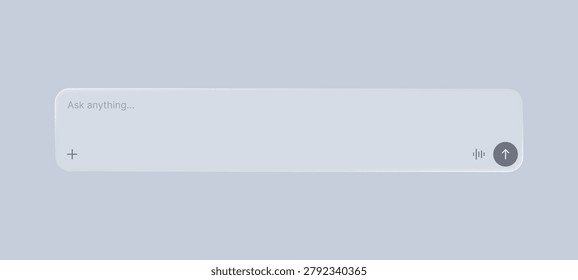 Chat interface text box in liquid glass morphism style. Modern UI design element with soft blur and transparency. Input field for artificial intelligence web or mobile application.