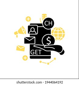 Chat invite buy glyph icon. Shares purchase.Communication application with friends.Invitation link. Invite message. Voice communicate concept.Filled flat sign. Isolated silhouette vector illustration