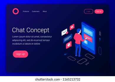 Chat isometric concept. Man chatting from the smartphone. Flat 3d style. Landing page template. Vector illustration. Vector illustration.