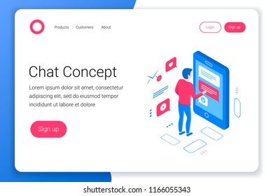 Chat isometric concept. Man send message from the smartphone. Flat 3d style. Landing page template. Vector illustration. Vector illustration.