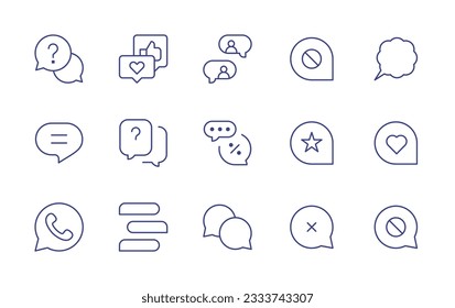 Chat line icon collection. Editable stroke. Vector illustration. Containing help, like, dialog, comment block, chat, speech bubble, comment star, comment heart, whatsapp, comment cross.