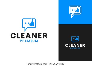 Chat logo for app cleaner with broom and chat design template vector illustration