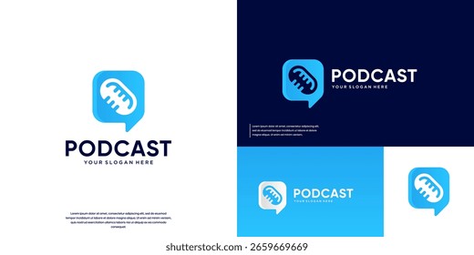 Chat logo with a combination of a microphone, chat symbol, discussion, broadcasting, and vector graphic design.
